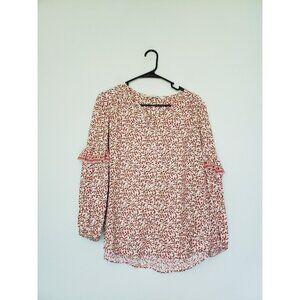 Max Studio Womens M Peasant Blouse 3/4 Sleeve Ruffle Ditsy Floral Button Front